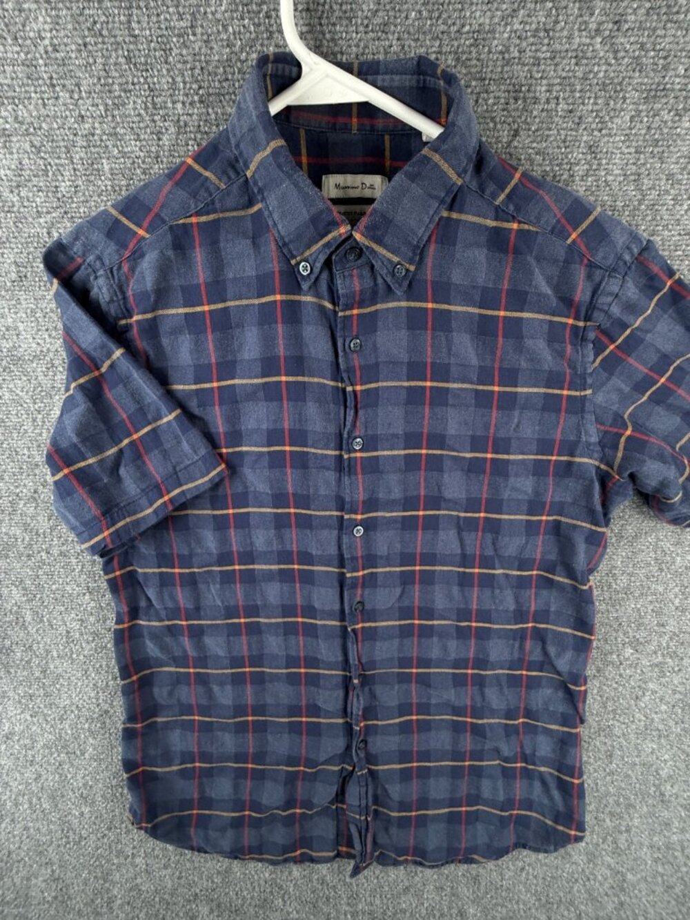 Massimo Dutti Flannel Short Sleeve Blue Plaid Button Up Cotton Large Textured